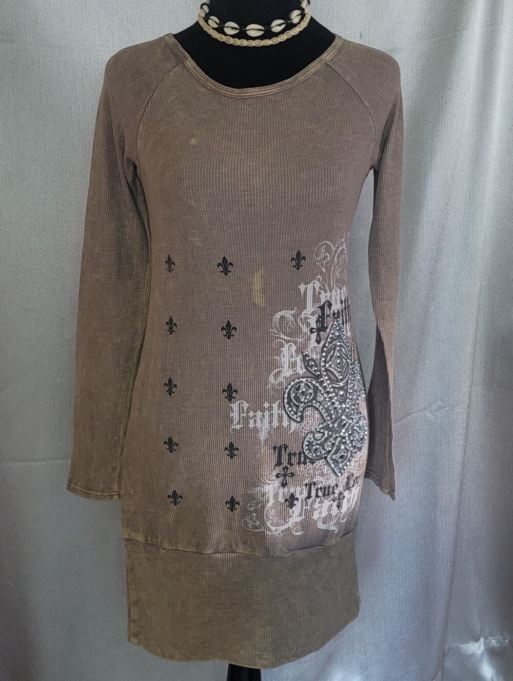 Long Sleeve Embellished Tunic Dress in Washed Brown